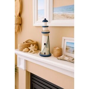 Vintage Wooden Lighthouse Decor Nautical Coastal Blue White Rope 12 Inch